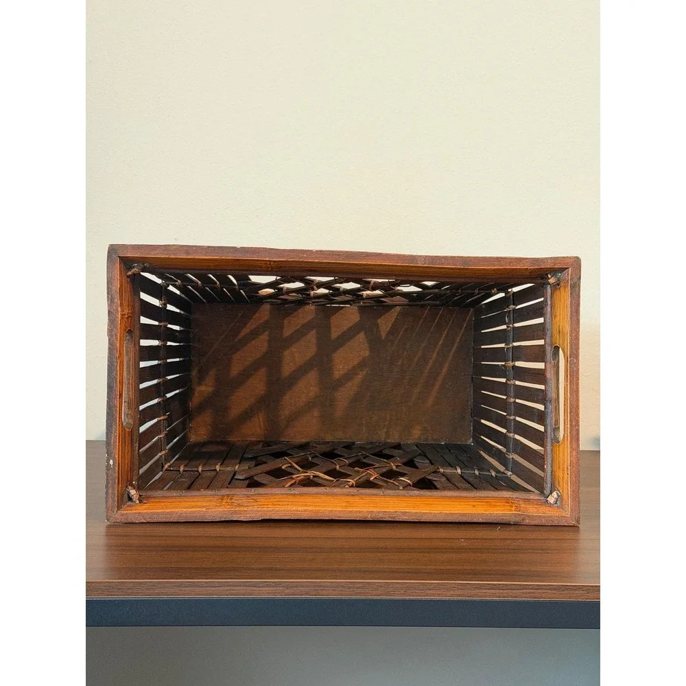 Vintage Bamboo Lattice Storage Crate Dark Brown Woven Basket Handles 15x9x12